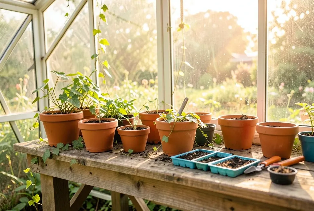 Sunlit greenhouse workbench with terracotta pots, seed trays, garden tools, and trailing ivy