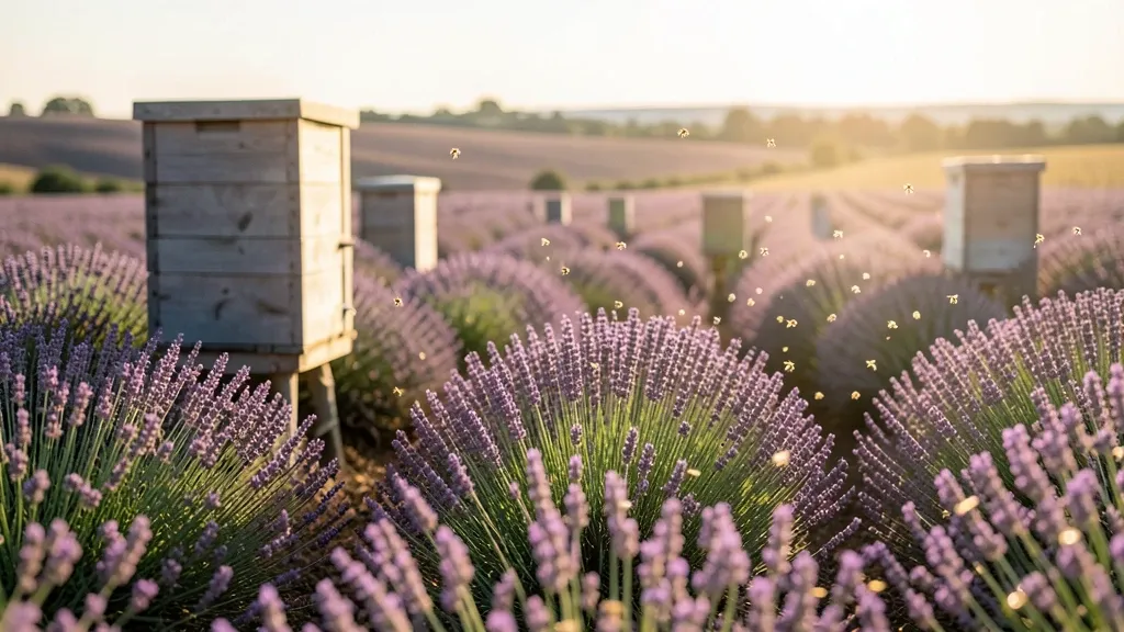 Sunlit lavender field with rows of purple blooms and old wooden beehives in Provence light