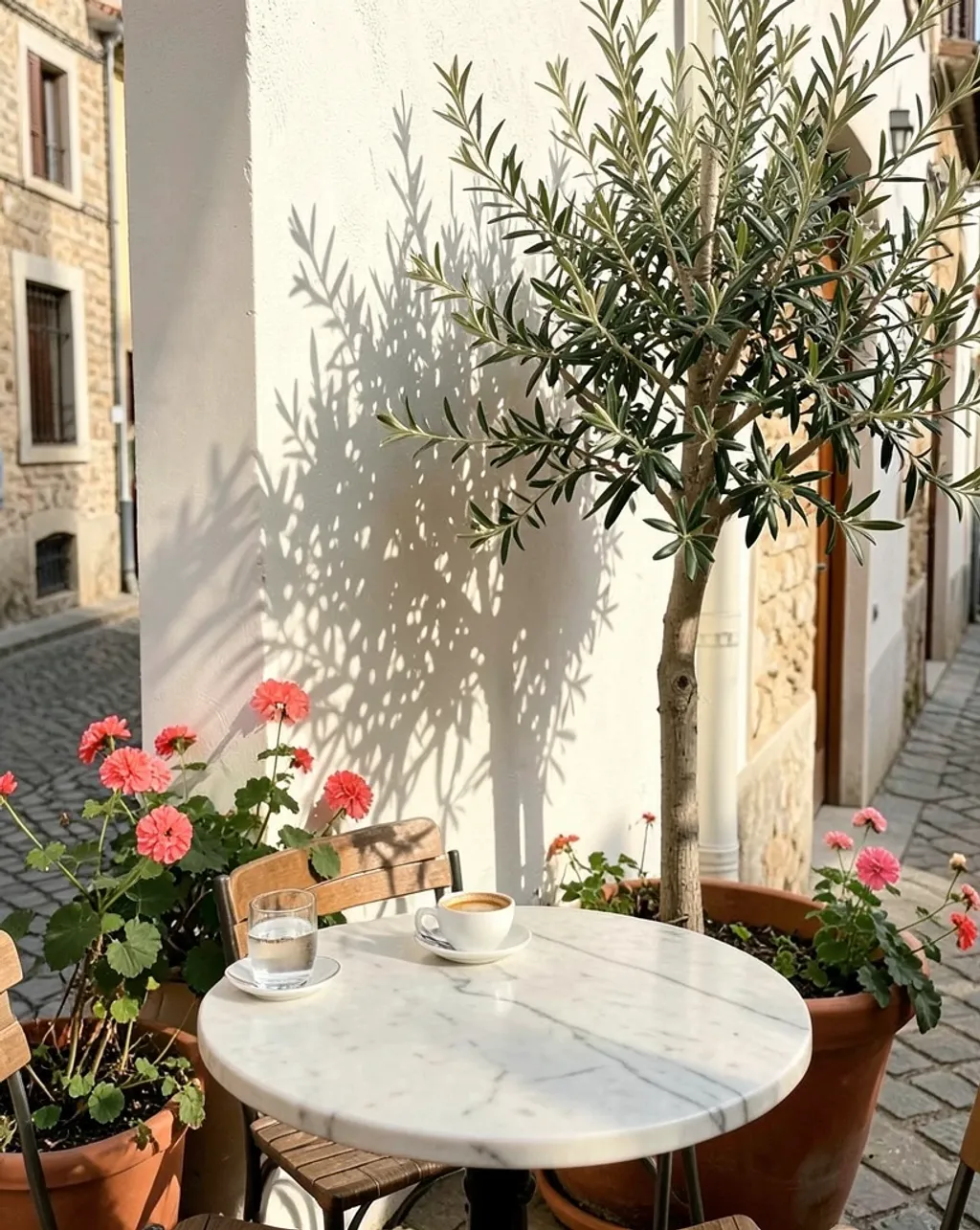 Sunlit Mediterranean cafe terrace with espresso cup, olive tree, and geraniums on a white plaster wall