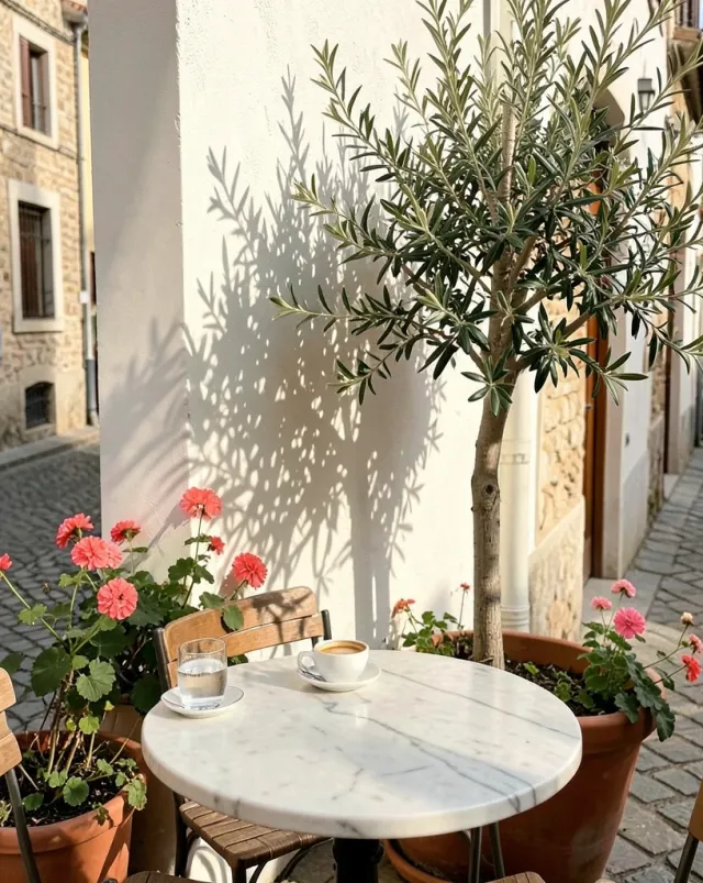 Sunlit Mediterranean cafe terrace with espresso cup, olive tree, and geraniums on a white plaster wall
