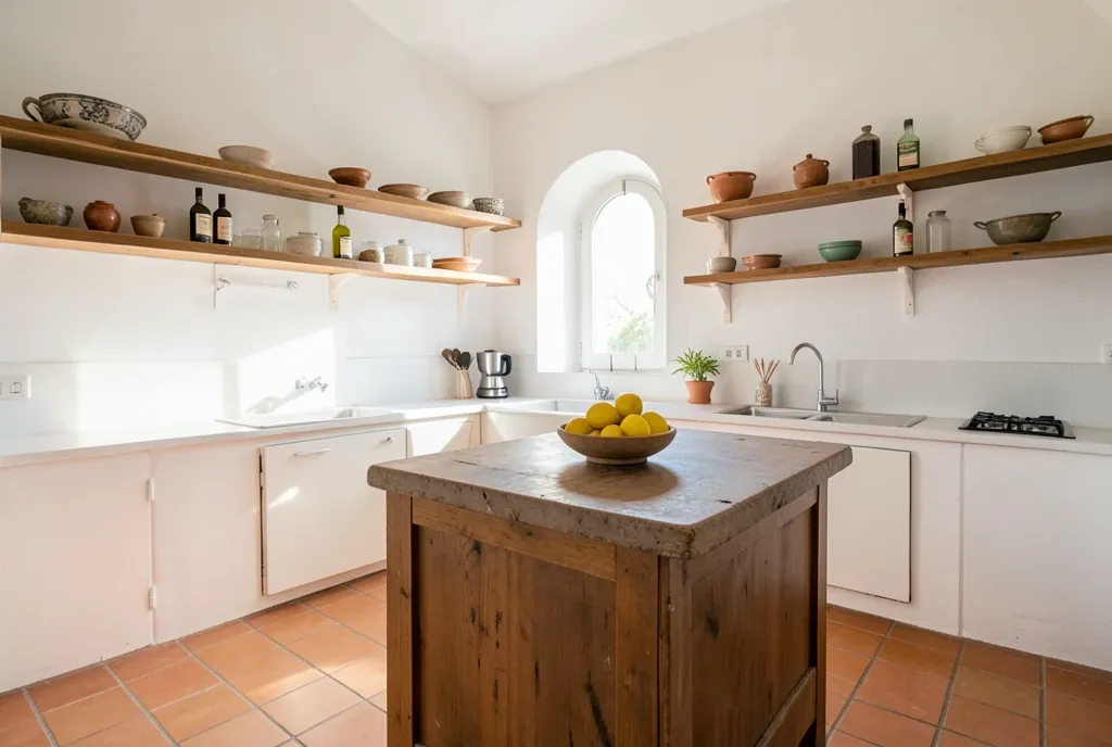 Sunlit Mediterranean kitchen with whitewashed walls, terracotta floors, and lemons on island