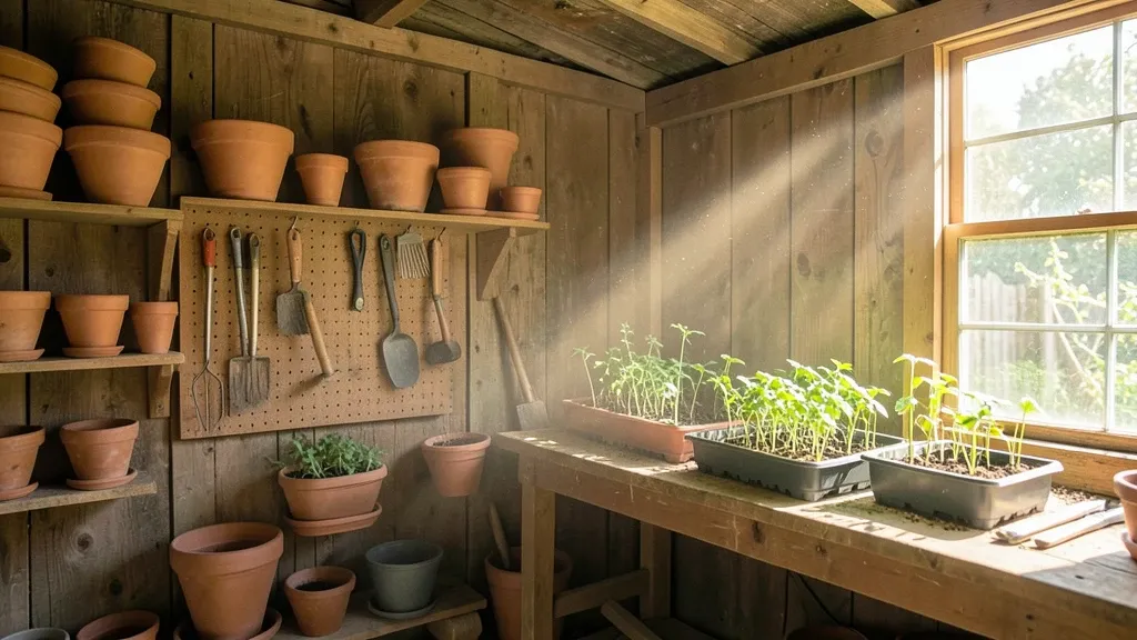 Sunlit rustic potting shed with terracotta pots, tools, seedlings, and dusty sunbeams through a window