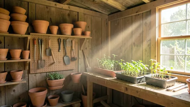 Sunlit rustic potting shed with terracotta pots, tools, seedlings, and dusty sunbeams through a window
