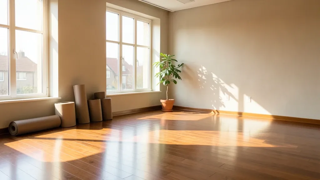 Sunlit yoga studio with polished wood floors, large windows, rolled mats, and a single potted plant