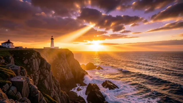 Lighthouse beam cutting through golden sunset clouds above a rocky cliff coastline