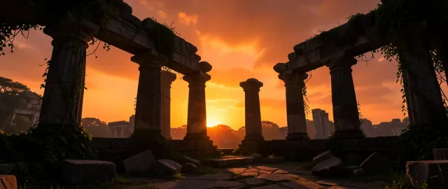 Ancient temple ruins with crumbling columns silhouetted against a fiery orange sunset sky