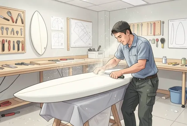 A surfboard shaper planing a foam blank on padded stands in a bright shaping bay
