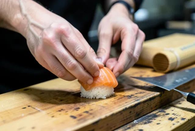 A chef's fingers pressing salmon onto rice to form nigiri at a wooden sushi counter.