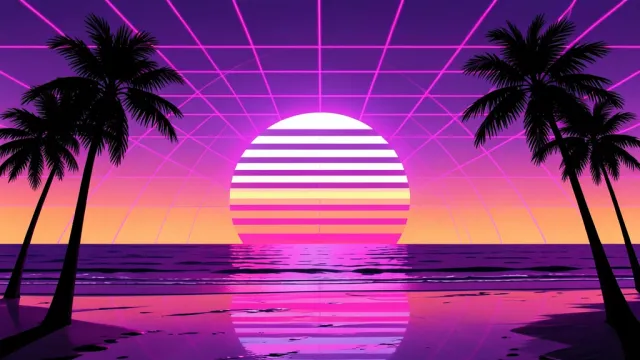 Synthwave beach at sunset with palm silhouettes, a striped neon sun, a grid sky, and reflections on wet sand
