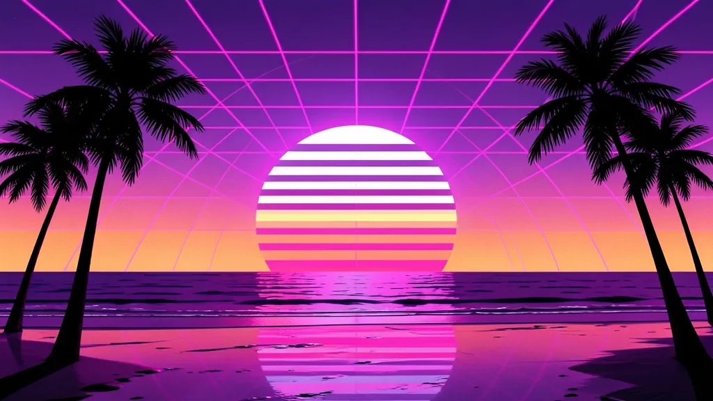 Synthwave beach at sunset with palm silhouettes, a striped neon sun, a grid sky, and reflections on wet sand