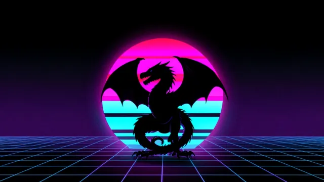 Synthwave thumbnail with a black dragon silhouette over a neon grid and striped retro sun, dark title band on top