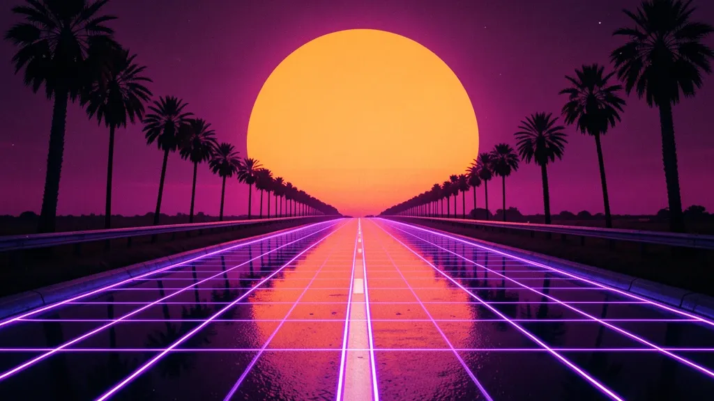 Synthwave highway wallpaper with purple grid horizon and glowing sun