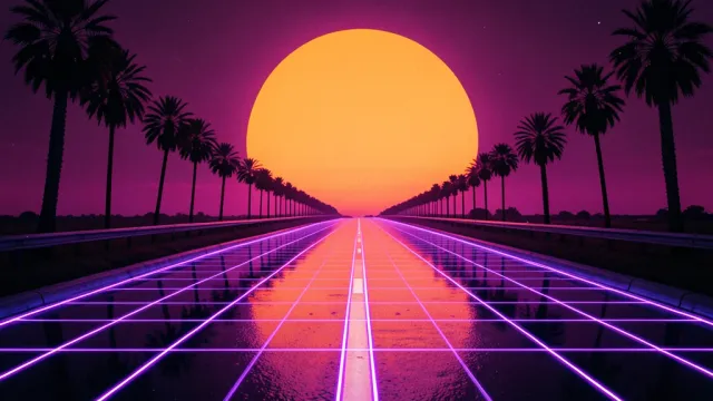 Synthwave highway wallpaper with purple grid horizon and glowing sun