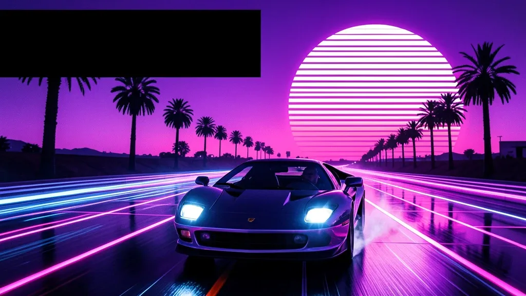 Synthwave racing thumbnail with a sports car on a neon grid highway, retro sunset, palm trees, dark title band