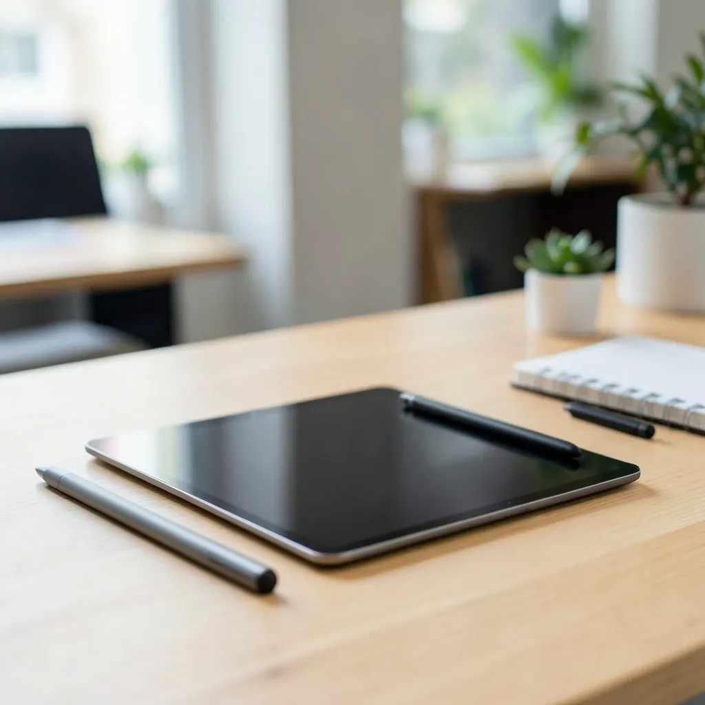 Slim tablet and stylus on a light wood desk with a notebook, plant, and blurred home office background