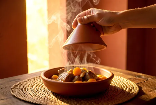 A hand lifting a tagine's conical lid, backlit steam rising over lamb and apricots.