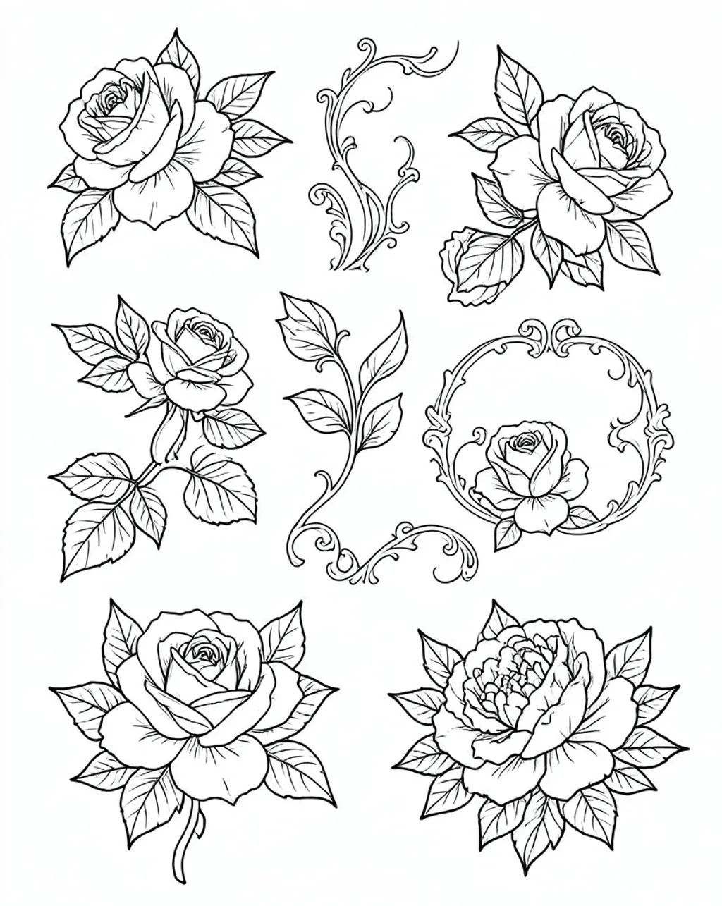 Botanical tattoo flash sheet with roses, leaves, and ornamental frames