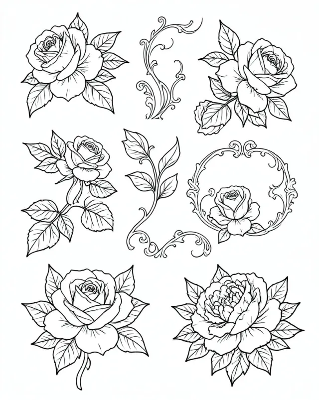 Botanical tattoo flash sheet with roses, leaves, and ornamental frames