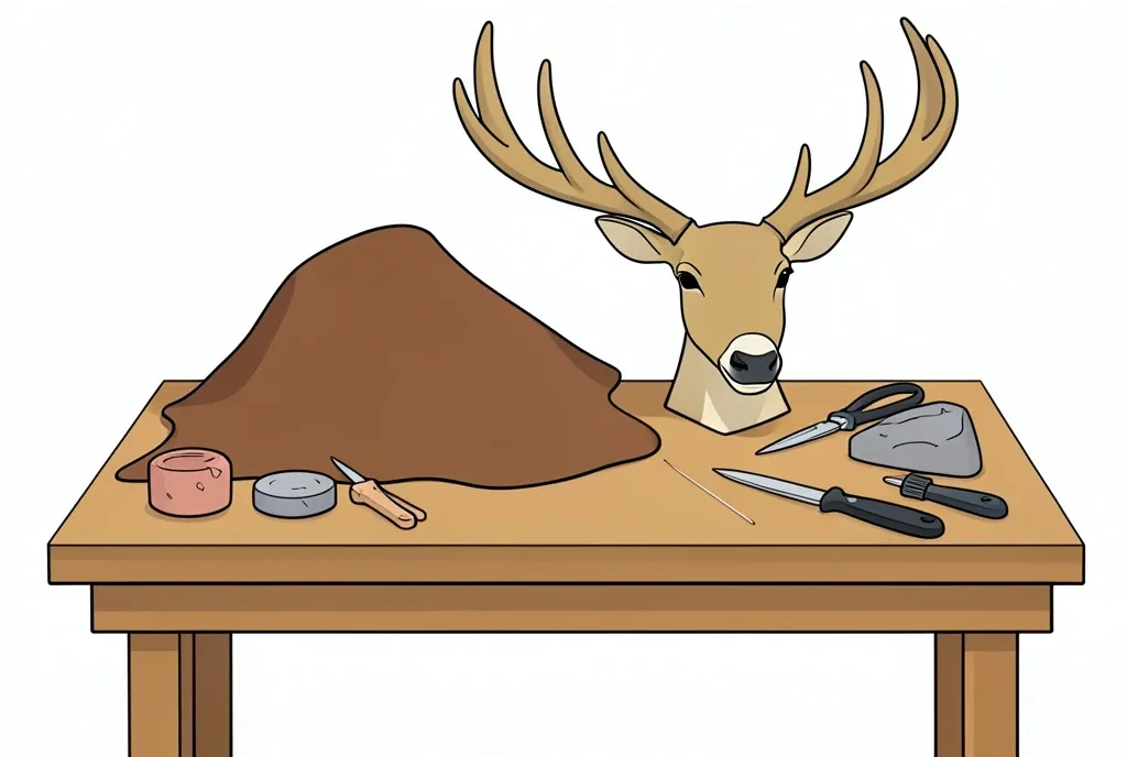 A flat illustration of a taxidermy bench with a deer head form, hide, clay and sculpting tools.