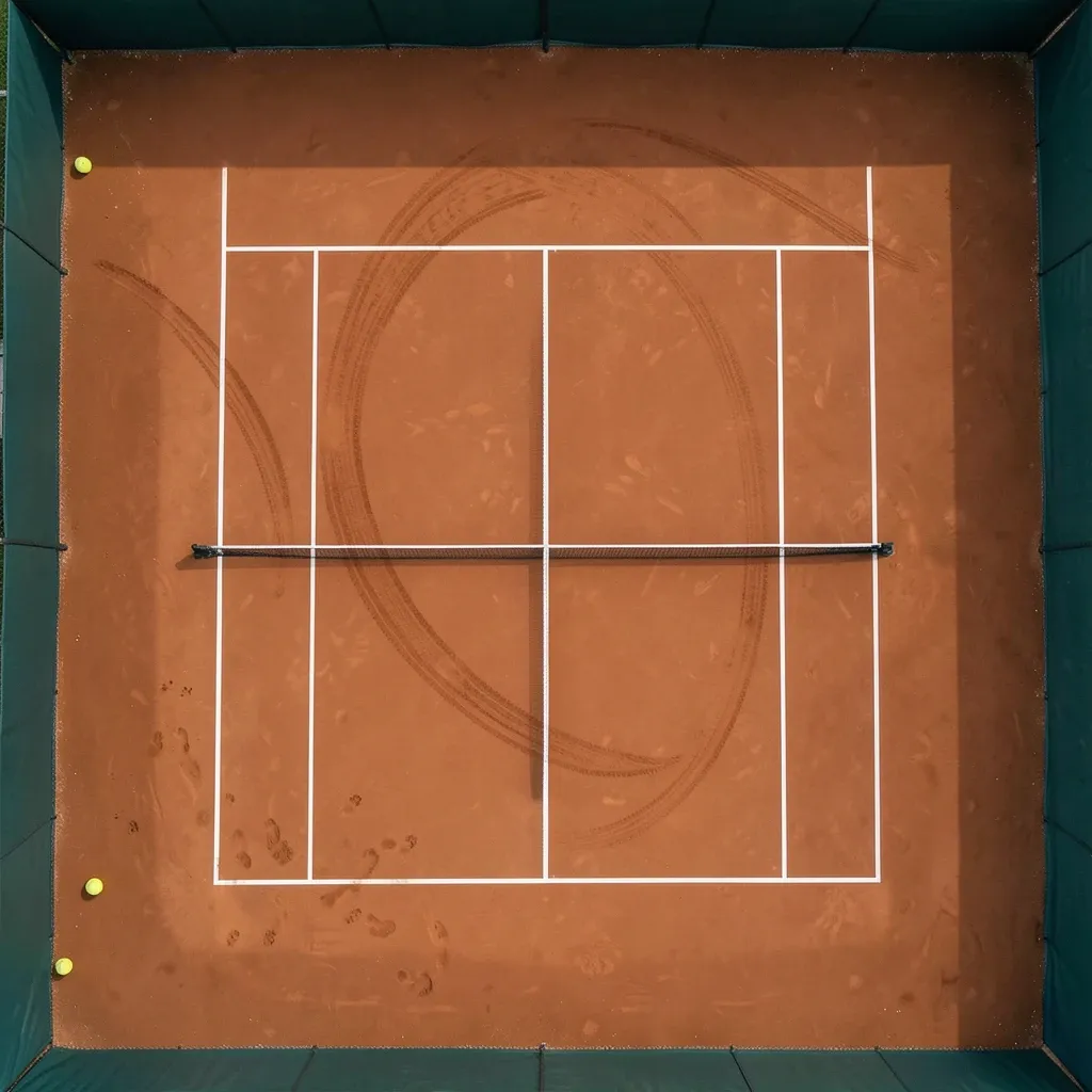Overhead view of a terracotta clay tennis court with white lines, net shadow and broom arcs