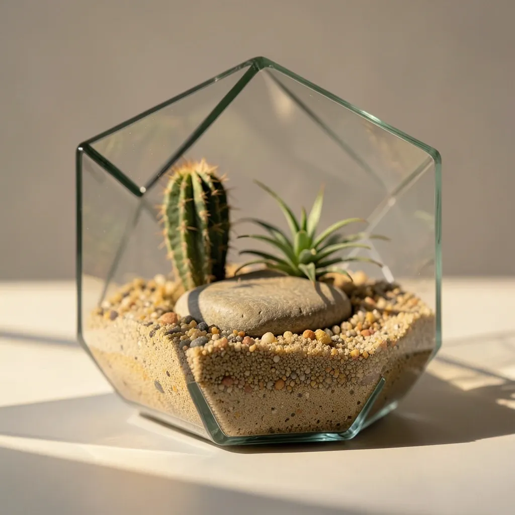 A geometric glass terrarium with a miniature desert of sand, cactus and air plant