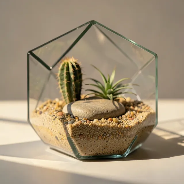 A geometric glass terrarium with a miniature desert of sand, cactus and air plant