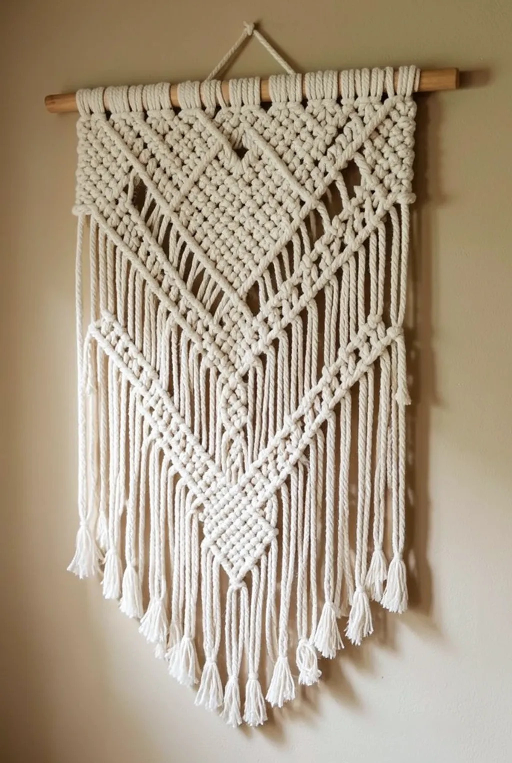 Large cream macrame wall hanging with intricate knots and fringe on a warm beige wall