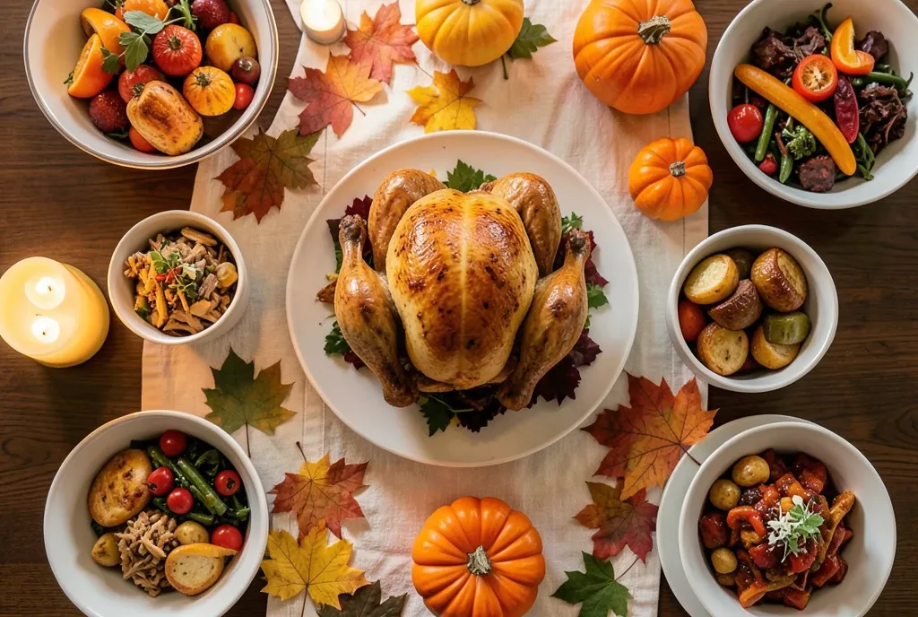 Overhead view of a Thanksgiving table with a roast turkey, sides, pumpkins and candles
