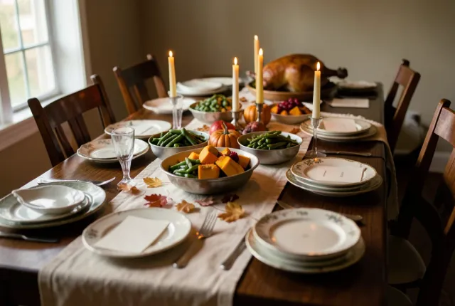 Thanksgiving table with a roast turkey, mismatched china, lit tapers and small pumpkins