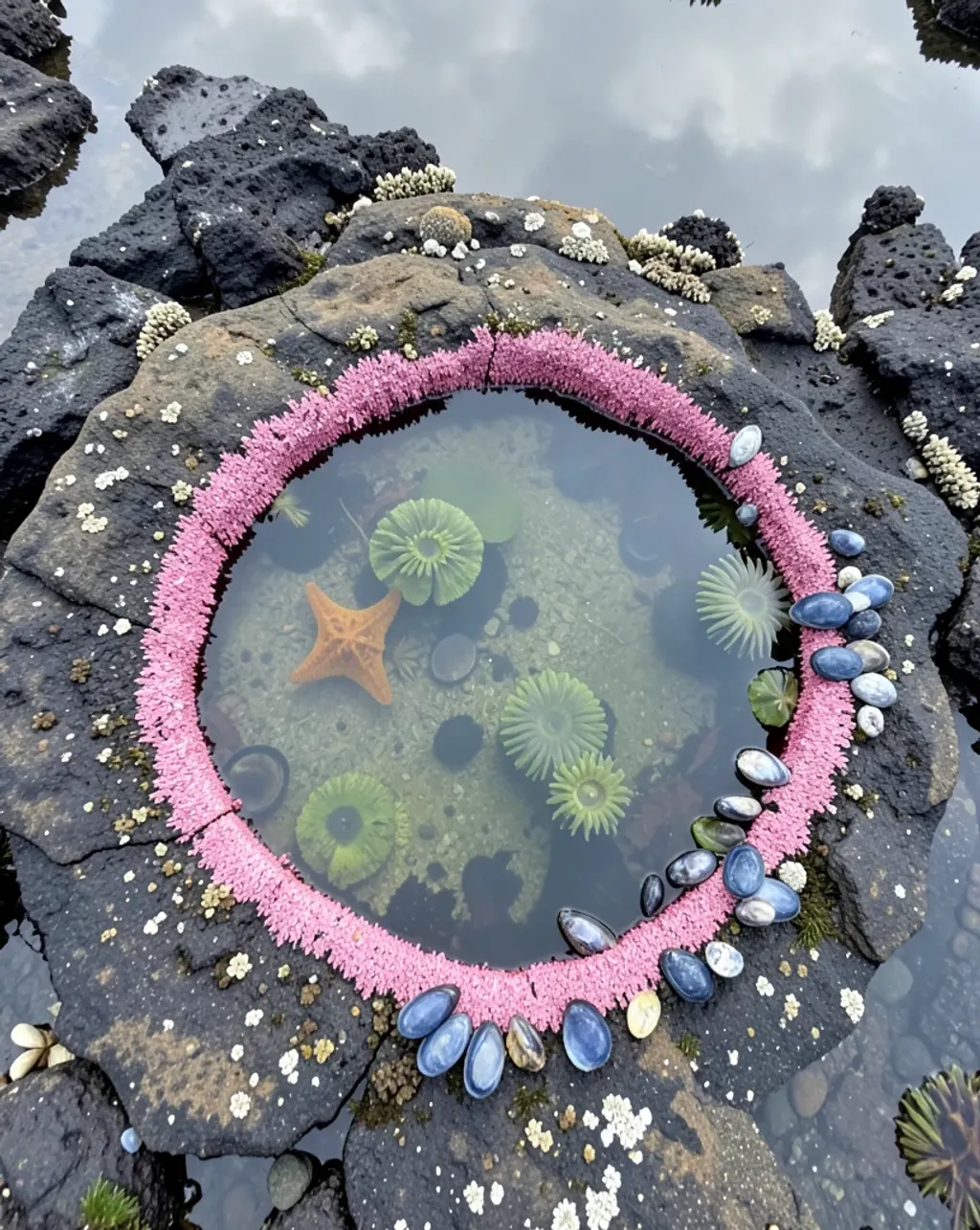 Overhead view of a tide pool with anemones, a sea star, mussels and pink coralline algae