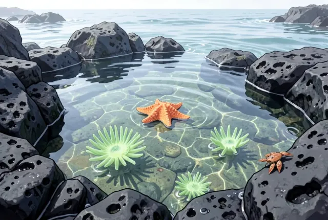 A clear tide pool in dark rock with an orange starfish and green anemones underwater.