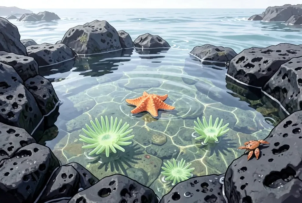 A clear tide pool in dark rock with an orange starfish and green anemones underwater.