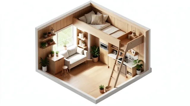 Isometric cross-section of a cozy tiny house showing kitchen, loft bed and living space
