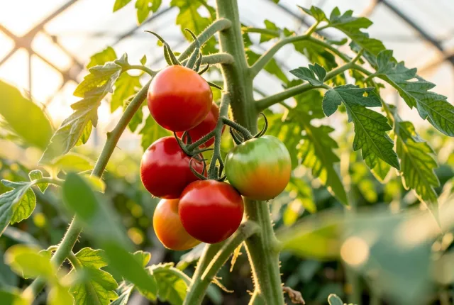 A cluster of tomatoes ripening on the vine, red and green fruit glowing in backlight.