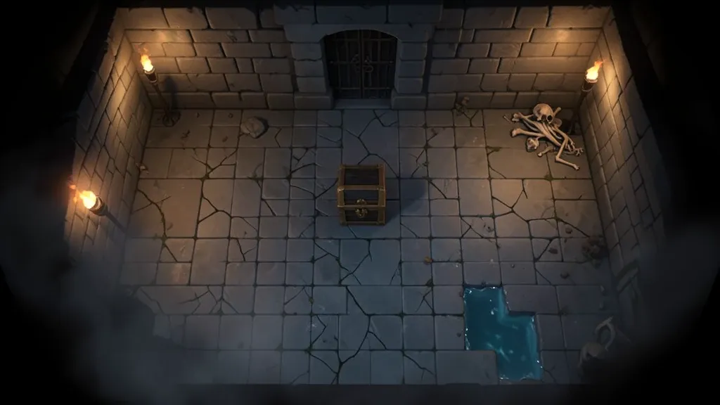 Top-down RPG dungeon map with stone floor torches treasure chest and locked door in grey amber and shadow