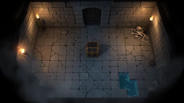 Top-down RPG dungeon map with stone floor torches treasure chest and locked door in grey amber and shadow