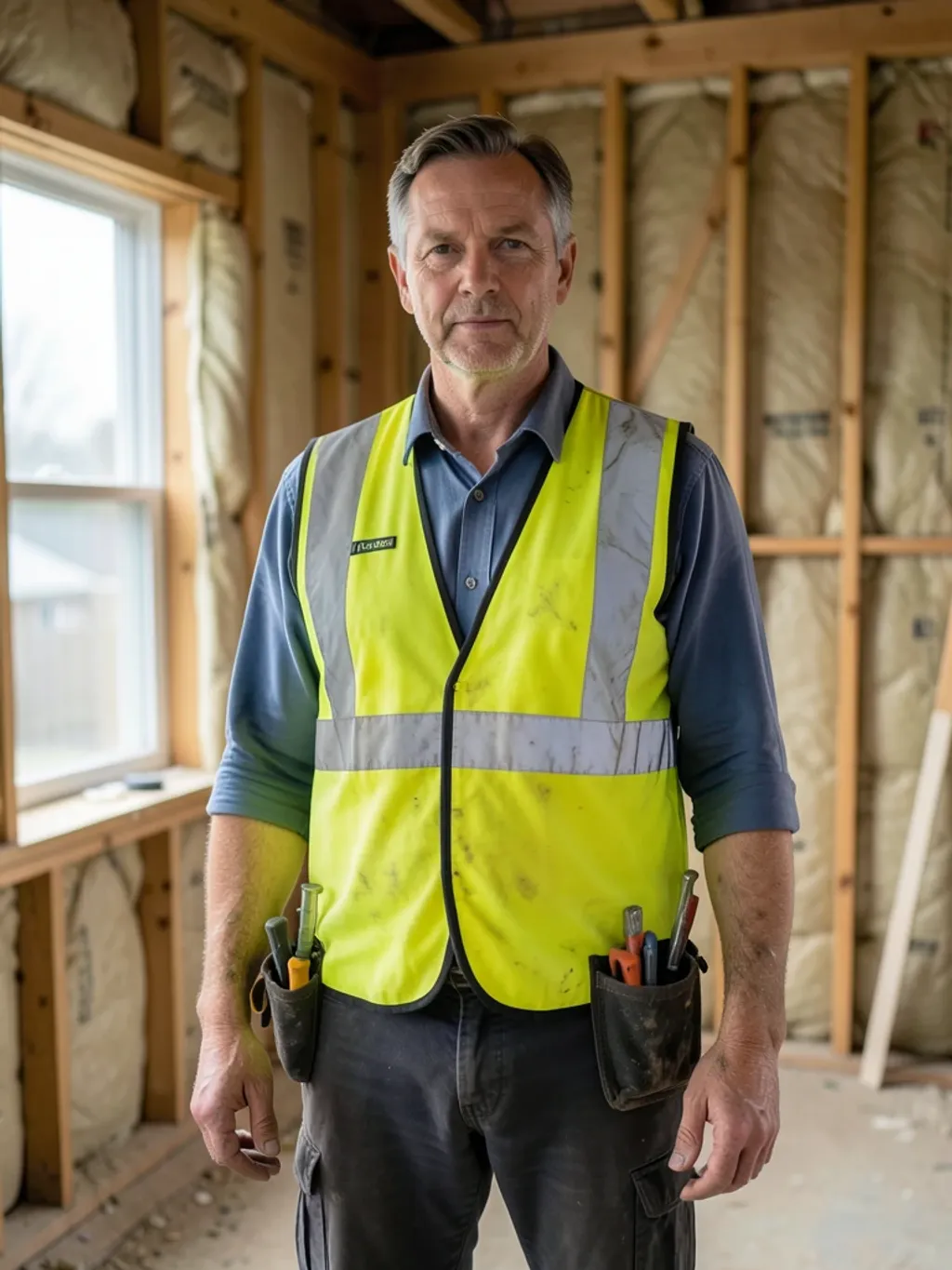 Electrician in a hi-vis vest and tool pouch standing in a stud-framed room lit by daylight