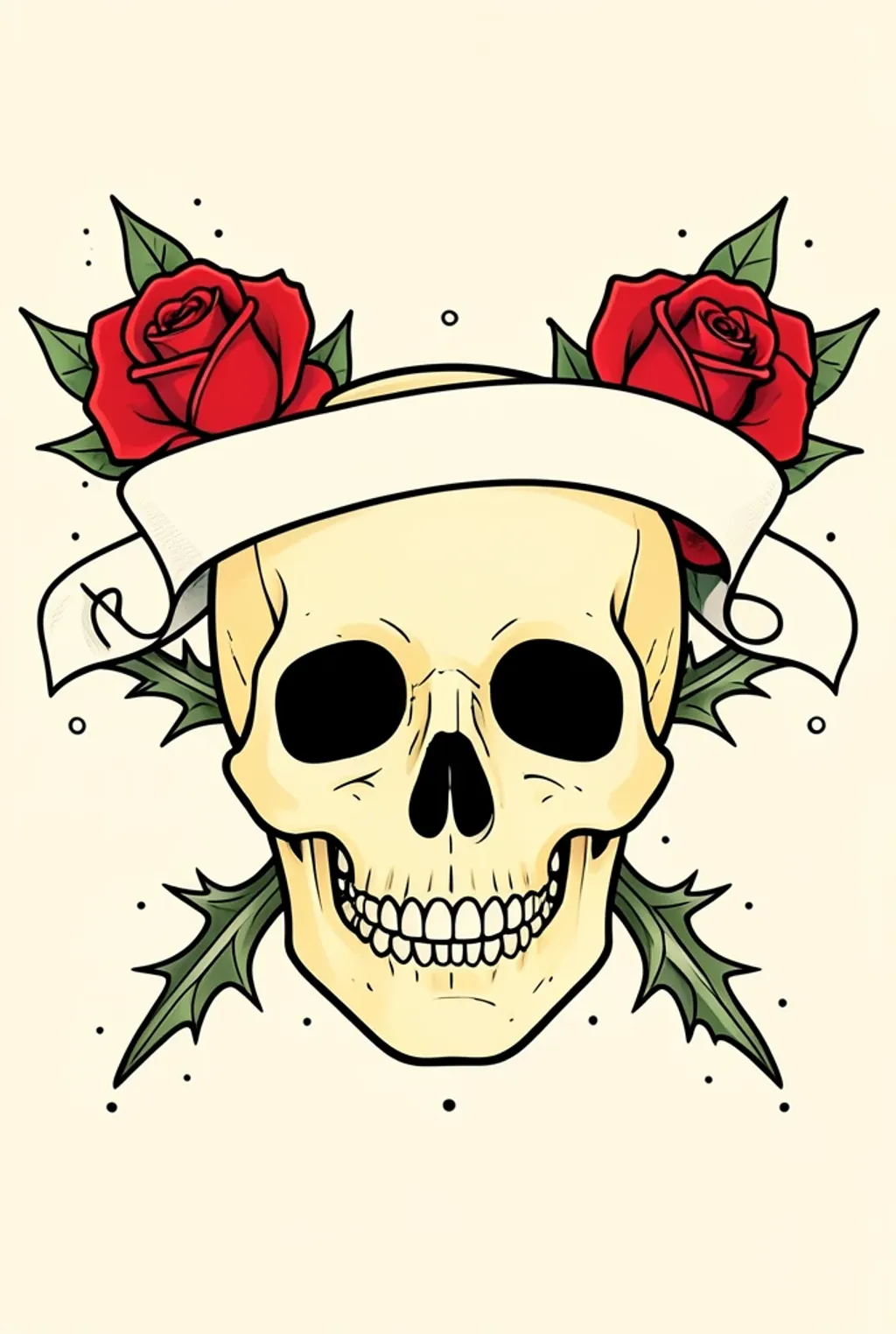 Traditional American skull and roses tattoo flash with bold outlines, red roses and blank banner on cream
