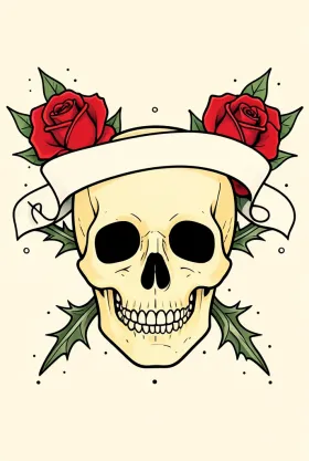Traditional American skull and roses tattoo flash with bold outlines, red roses and blank banner on cream