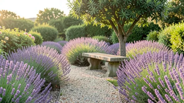 Winding gravel path through lavender rows with a stone bench under a tree in morning light