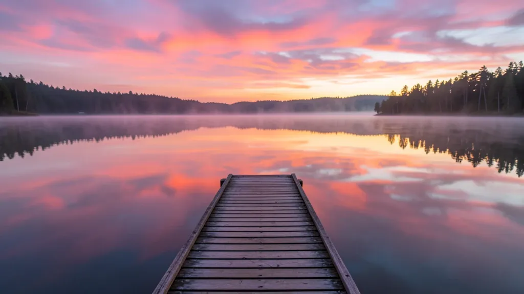 Wooden dock on a calm lake at sunrise with pink clouds reflected and mist rising from the water