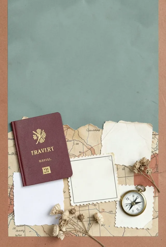 A layered travel scrapbook collage pin with map motifs
