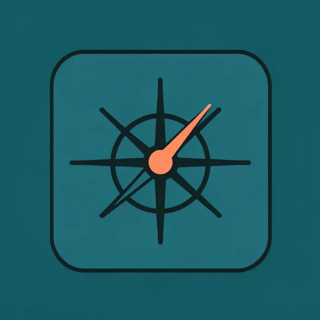 A flat coral and teal compass rose icon centred on a rounded square tile