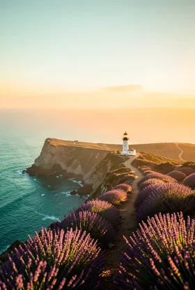 Travel Pinterest pin of a coastal cliff with lighthouse and lavender fields at golden hour in amber turquoise and purple