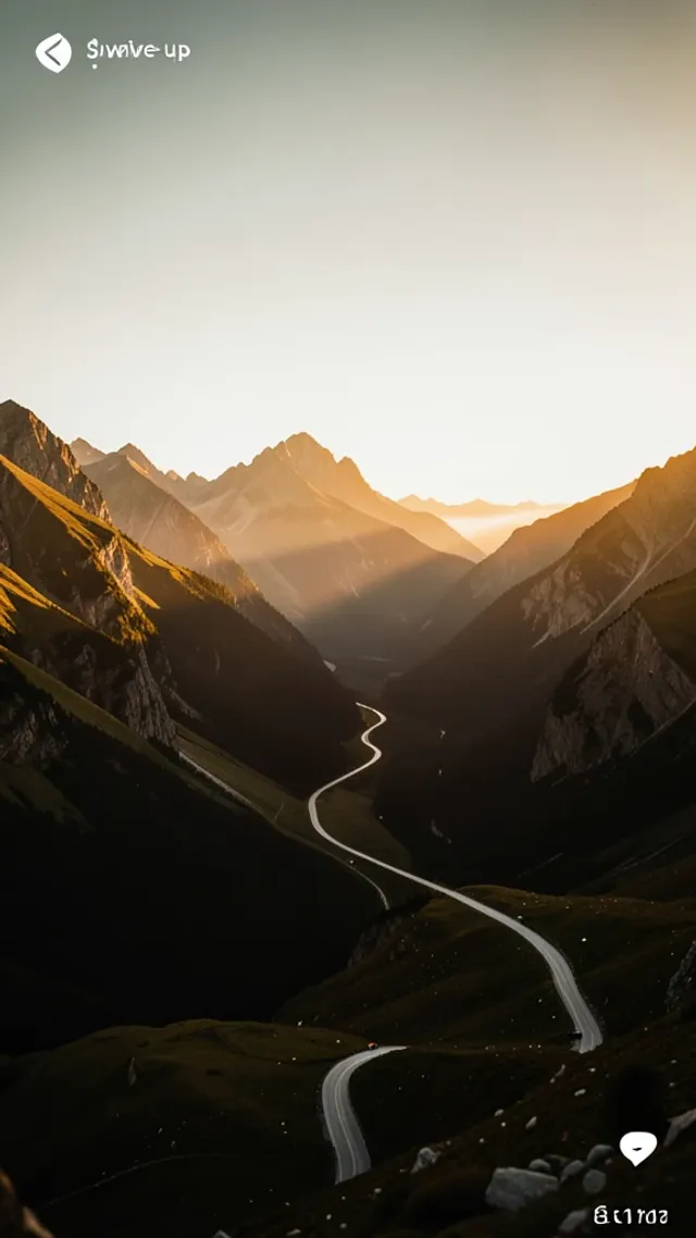 Vertical travel Instagram Story of an alpine valley at golden hour with a winding road and blank headline space