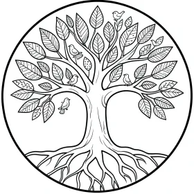 Tree of life adult coloring page with patterned leaves, interlocking roots and birds in bold outlines