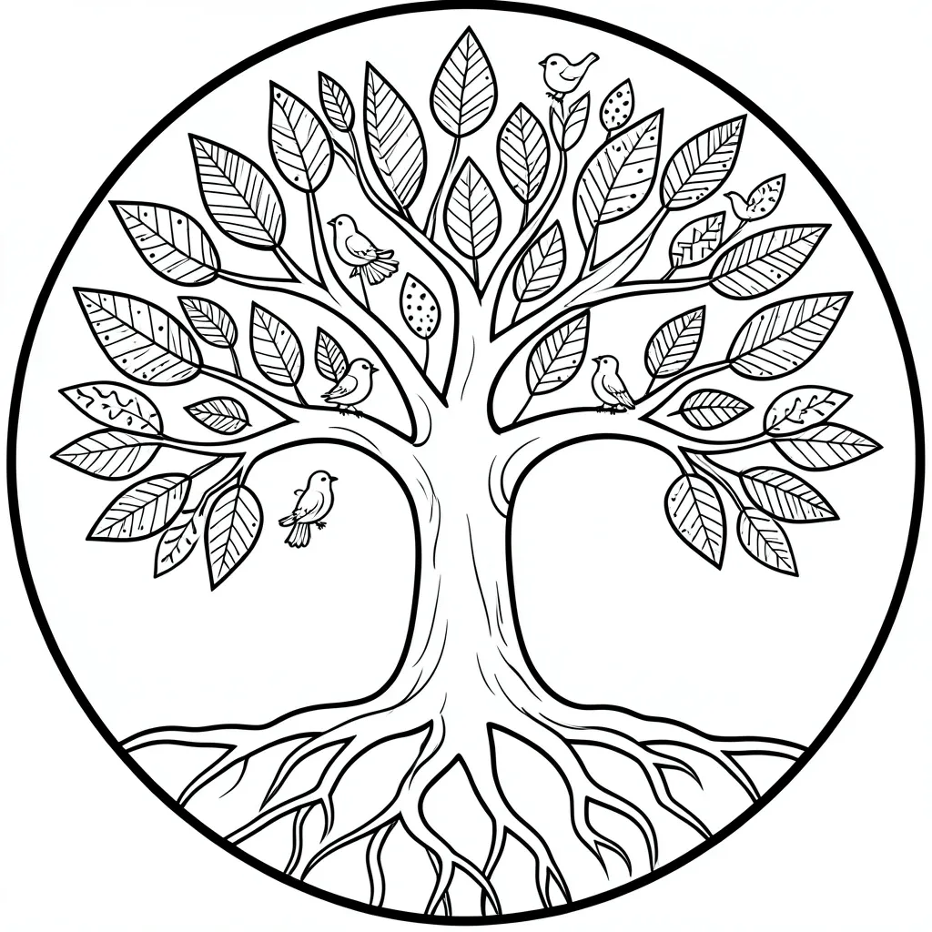 Tree of life adult coloring page with patterned leaves, interlocking roots and birds in bold outlines