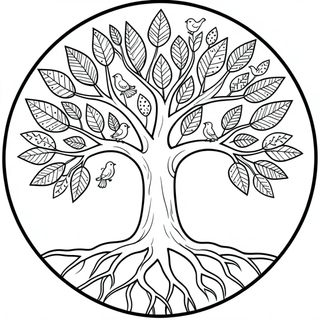 Tree of life adult coloring page with patterned leaves, interlocking roots and birds in bold outlines