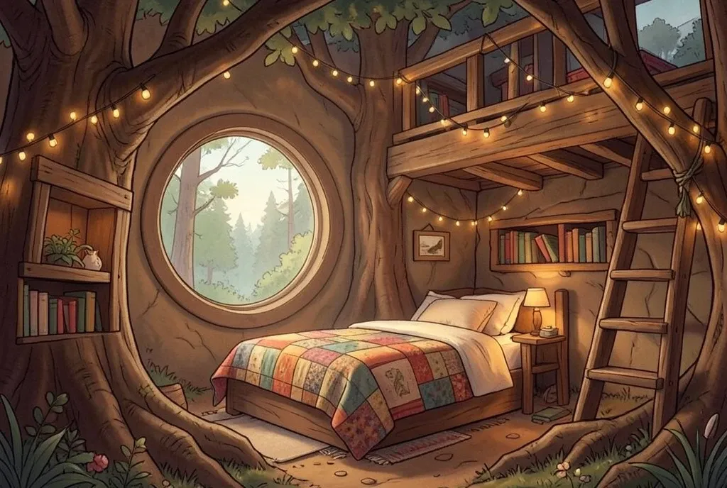 A cozy treehouse bedroom with a round window, a patchwork quilt, and fairy lights.