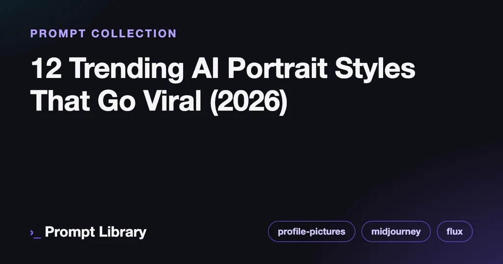 Cover for the prompt collection “12 Trending AI Portrait Styles That Go Viral (2026)”, dark theme with iris accent